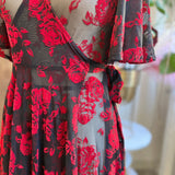 Aurora Wrap Dress in Flocked Red Roses
