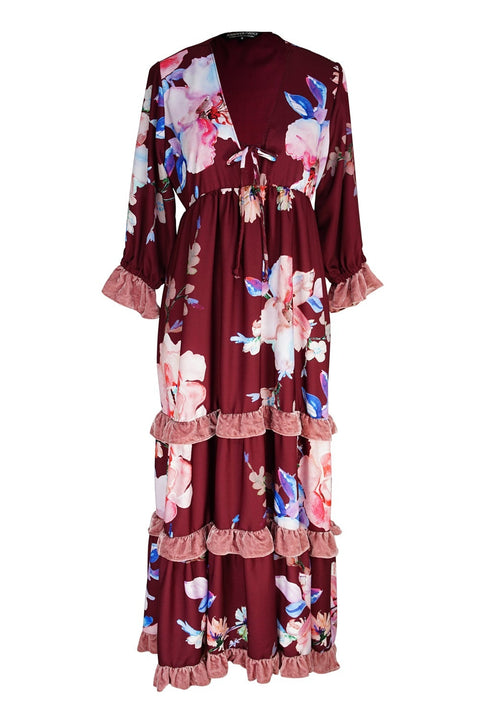 Ophelia Velvet Ruffle Maxi Dress in Plum Rose