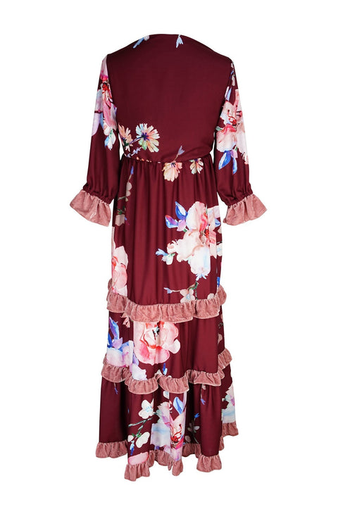 Ophelia Velvet Ruffle Maxi Dress in Plum Rose