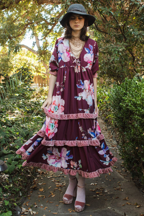 Ophelia Velvet Ruffle Maxi Dress in Plum Rose