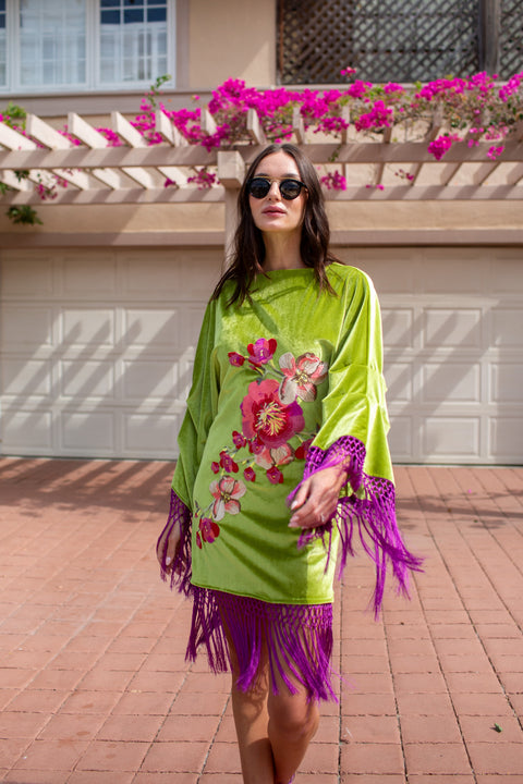 Brigitte Mini Fringe Dress in Citron Orchid