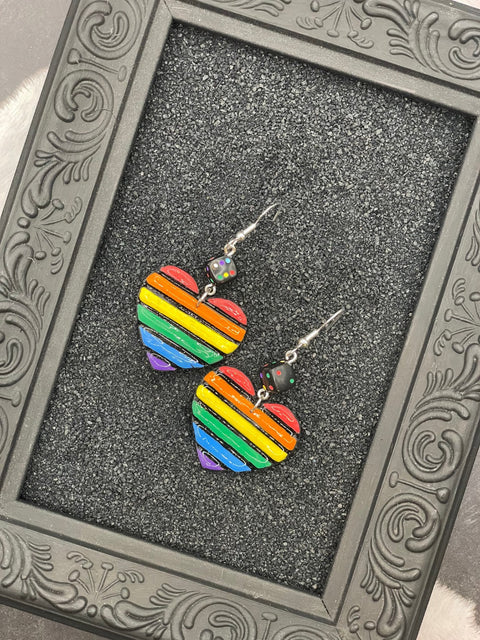 Rainbow Heart with Black Dice Earrings