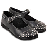 Black shoes with silver studs and buckles on a white background