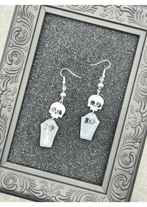 Salem RIP Coffin Skull Dangle Earrings