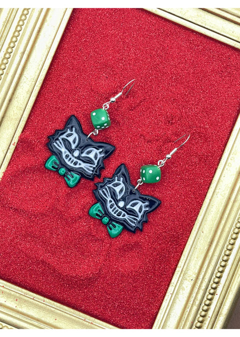 Holiday Retro Cat with Green Bowtie Dice Earrings
