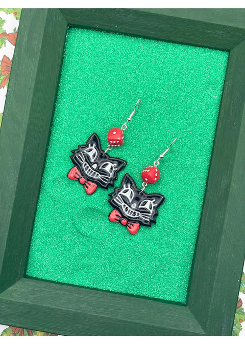Holiday Retro Cat with Red Bowtie Dice Earrings
