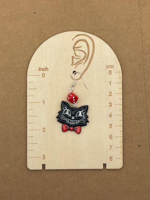 Holiday Retro Cat with Red Bowtie Dice Earrings