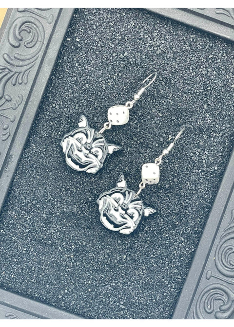 Retro Black Cat with White Dice Earrings
