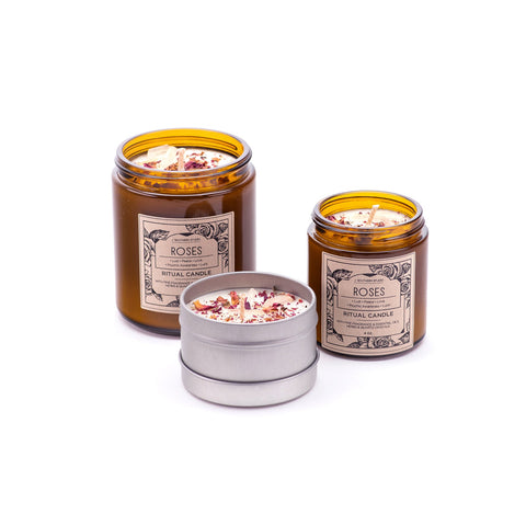 Roses Ritual Candle with Quartz and Herbs