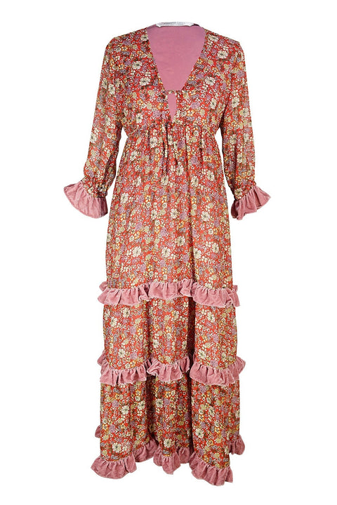 Ophelia Velvet Ruffle Maxi Dress in Rouge Bloom