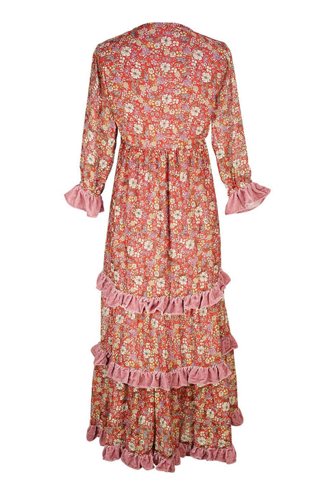 Ophelia Velvet Ruffle Maxi Dress in Rouge Bloom