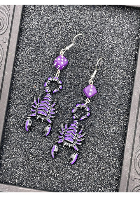 Scorpion Tattoo Earrings with Purple Dice