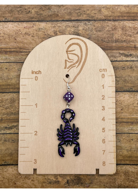 Scorpion Tattoo Earrings with Purple Dice