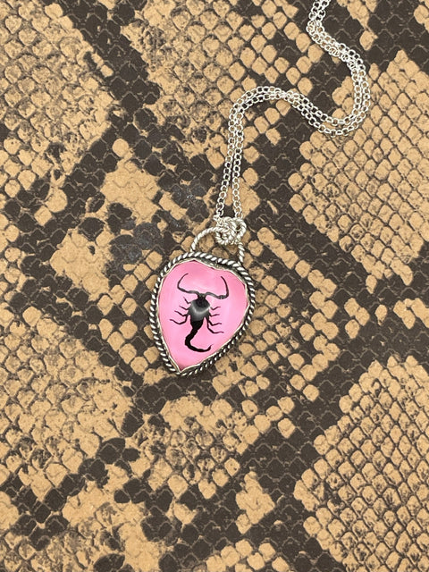 Wendy - Real Black Scorpion in Pink Resin Heart Pendant