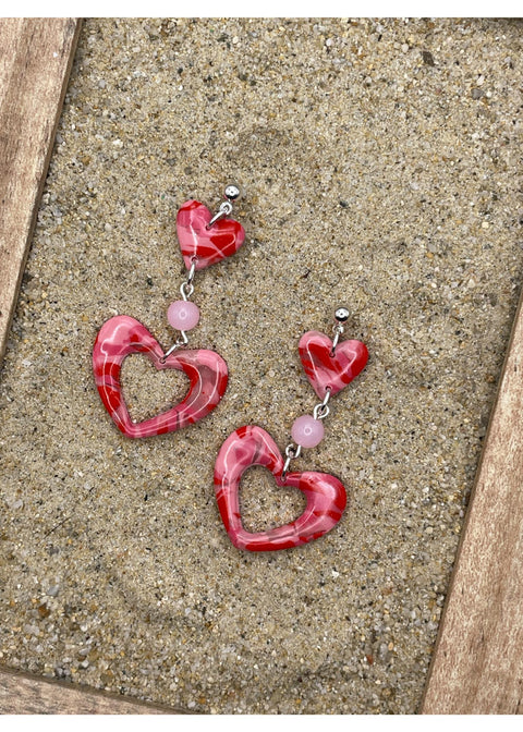 Double Heart Swirl Earrings with Pink Gemstone