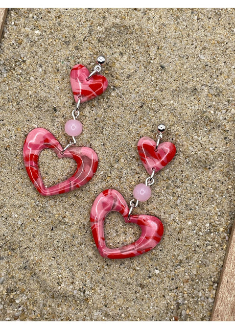 Double Heart Swirl Earrings with Pink Gemstone