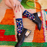 Bold Blue Floral Sheer Crew Sock