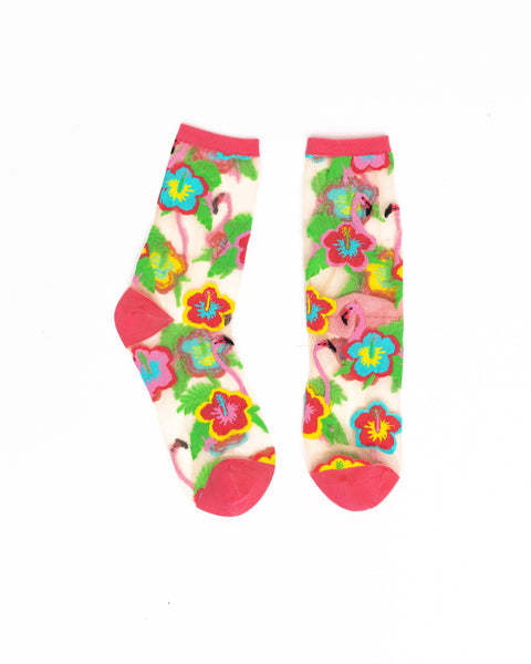 Flamingo Floral Sheer Crew Sock