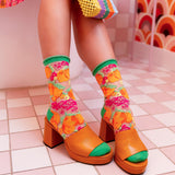 Orange Floral Sheer Crew Sock