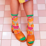 Orange Floral Sheer Crew Sock