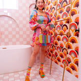 Orange Floral Sheer Crew Sock