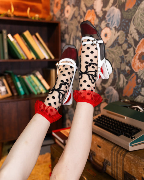 Polka Dot Bow Ruffle Sheer Crew Sock