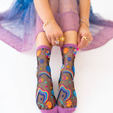 Pop Art Planets Black Sheer Crew Sock
