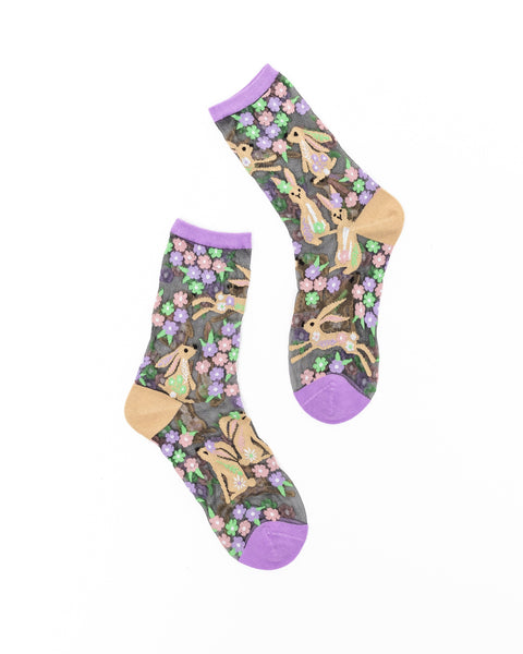 Rabbit Floral Black Sheer Crew Sock
