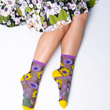Mixed Sunflowers Black Sheer Crew Sock