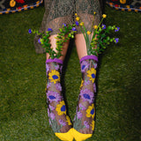 Mixed Sunflowers Black Sheer Crew Sock