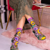 Mixed Sunflowers Black Sheer Crew Sock