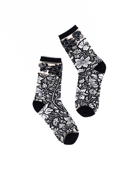 Black and White Florals Sheer Crew Sock