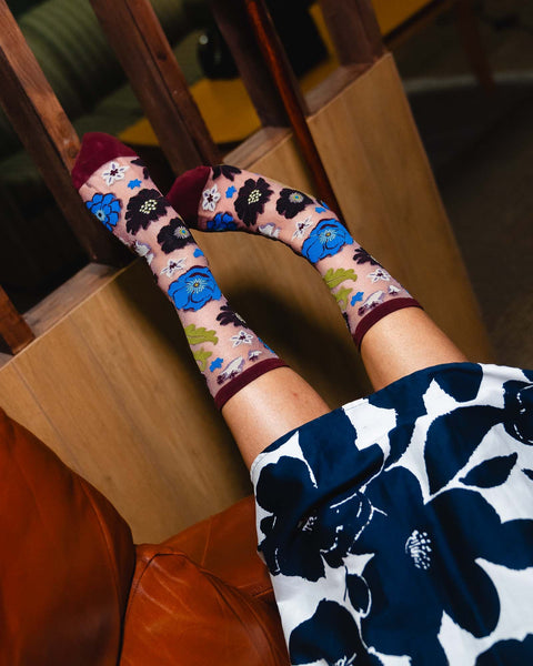 Electric Dusk Floral Shimmer Sheer Crew Sock