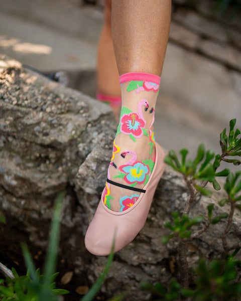 Flamingo Floral Sheer Crew Sock