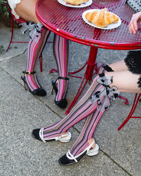 Parisian Stripe Bow Black Sheer Knee High Sock