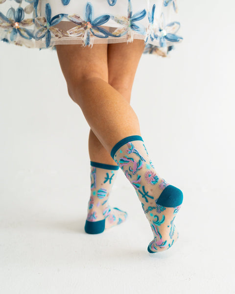 Pisces Zodiac Shimmer Sheer Crew Sock