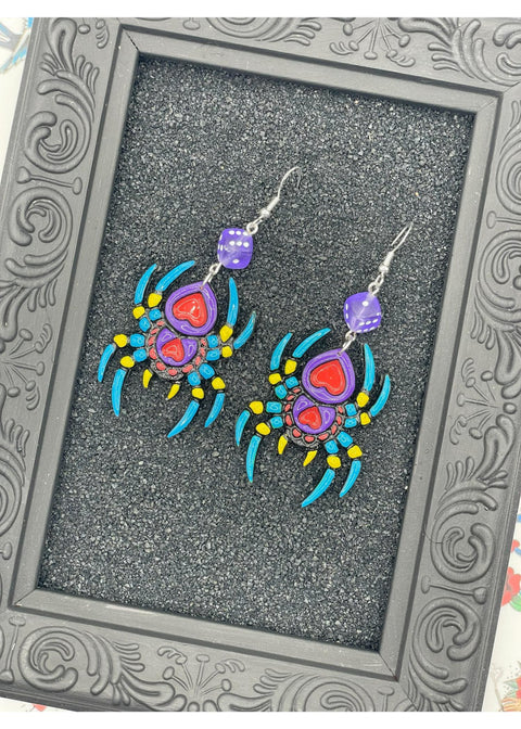 Tattoo - Spider Earrings with Dice Details: Handmade, Hand-Painted Polymer Clay