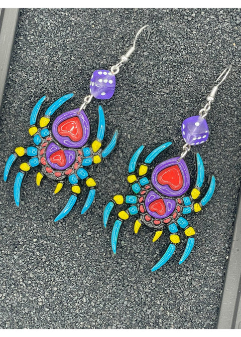 Tattoo - Spider Earrings with Dice Details: Handmade, Hand-Painted Polymer Clay