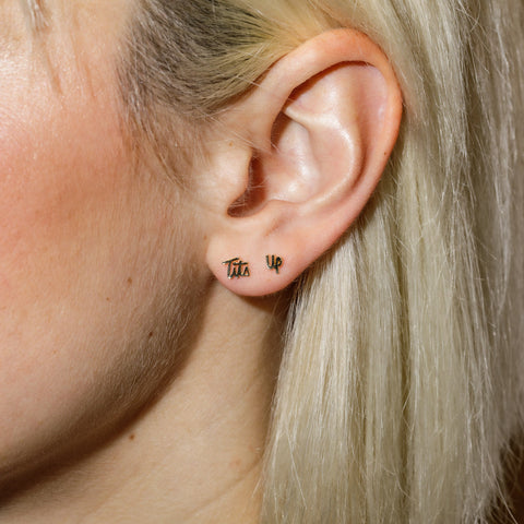 Tits Up Script Stud Earrings