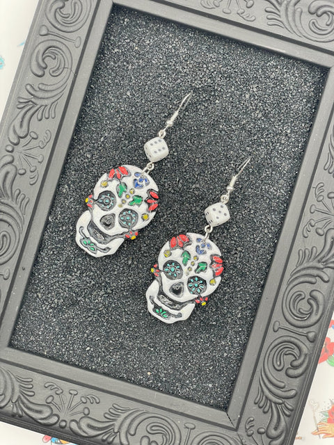 Tattoo - Sugar Skull Earrings with Dice Detail: Handmade Polymer Clay