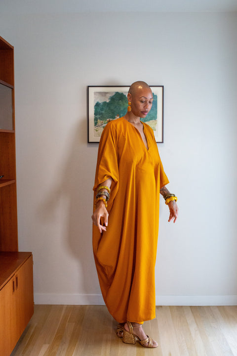 Talitha Cinched Waist Caftan in Saffron Sands
