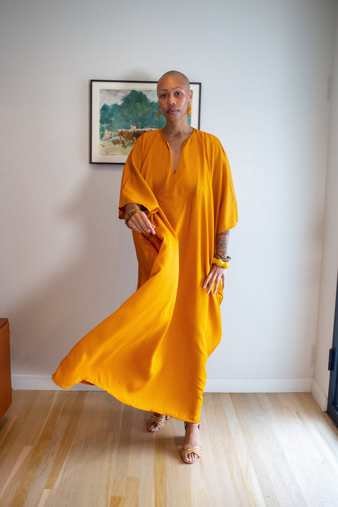 Talitha Cinched Waist Caftan in Saffron Sands