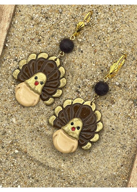 Holiday Golden Brown Turkey Dangle Earrings