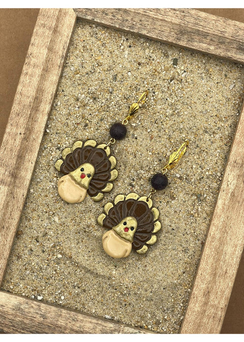 Holiday Golden Brown Turkey Dangle Earrings