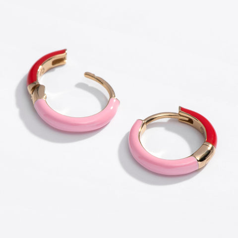 Two Tone Enamel Huggie Hoop Earrings- Black/White or Red/Pink