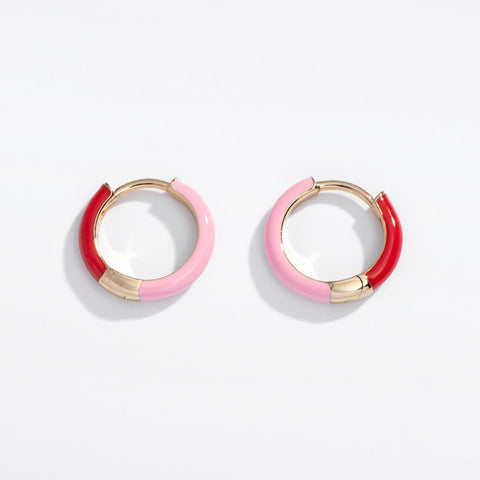 Two Tone Enamel Huggie Hoop Earrings- Black/White or Red/Pink