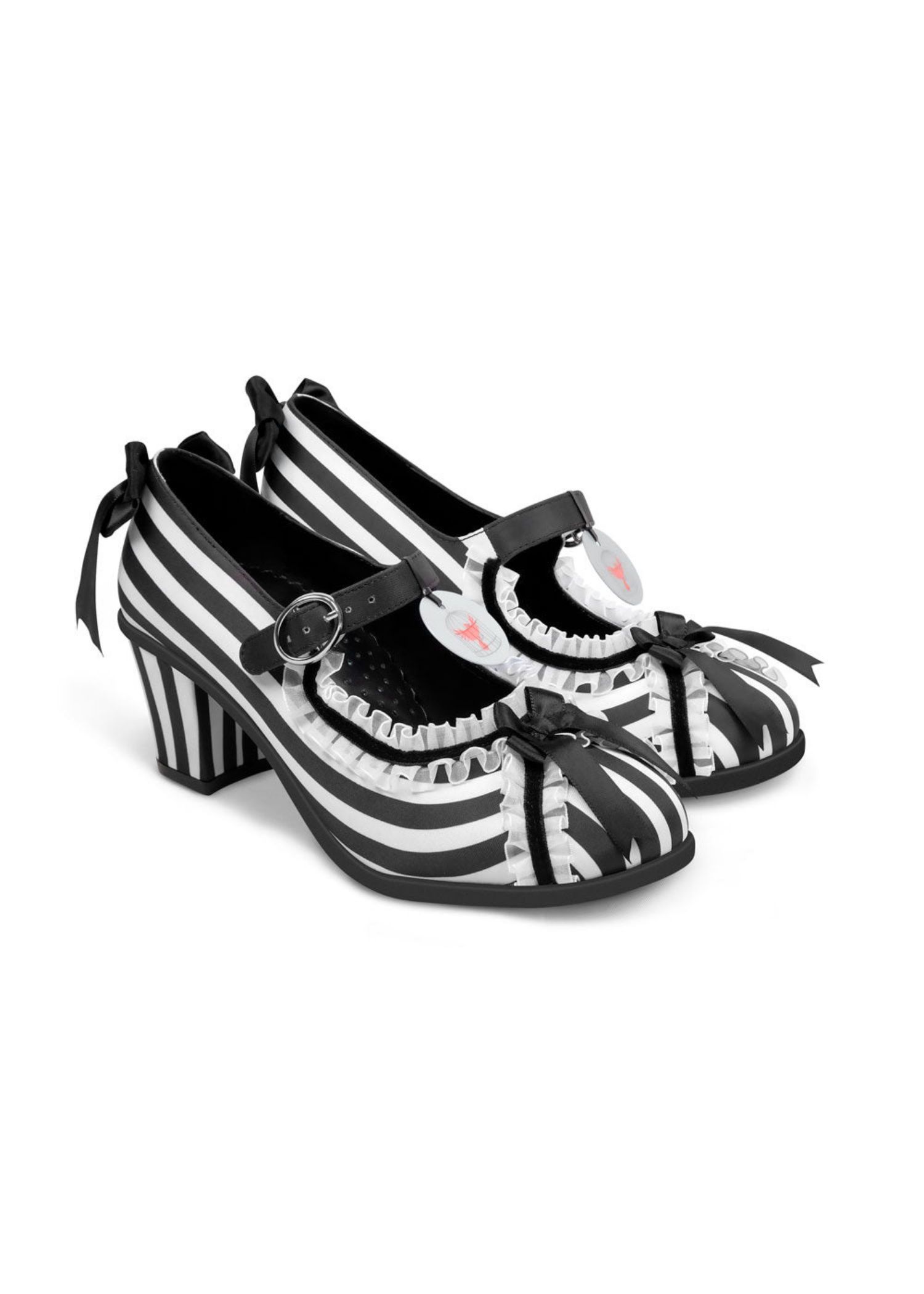Black and white striped shoes with bow details on a white background