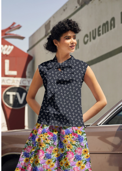 Vintage Style Bow Top in Anchor Print