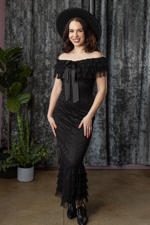 WILHELMINA - Off the Shoulder Lace Ruffle Dress