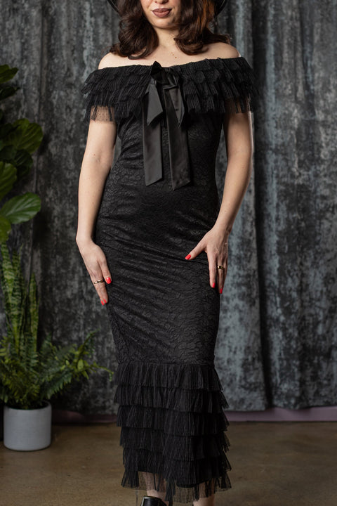 WILHELMINA - Off the Shoulder Lace Ruffle Dress